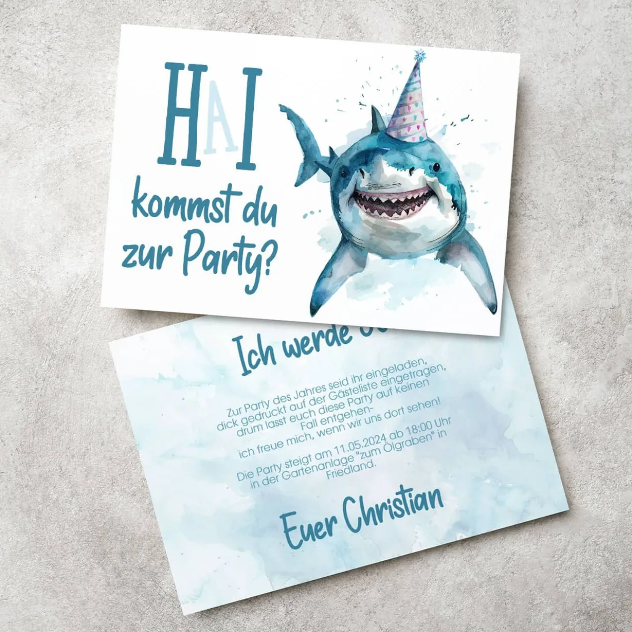 Geburtstagseinladung mit lustigem Hai Motiv und Ihrer Personalisierung