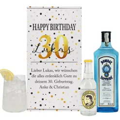 Geburtstagsgeschenk mit Bombay Gin, Tonic und graviertem Glas