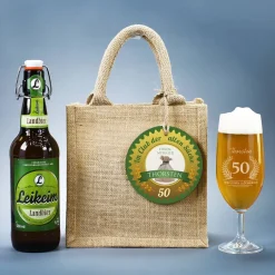 Geburtstagsgeschenkset für Männer mit Bier und Glas in persönlicher Jutetüte