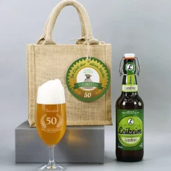 Geburtstagsgeschenkset für Männer mit Bier und Glas in persönlicher Jutetüte