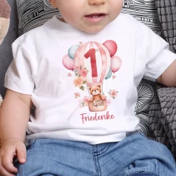 Geburtstagshirt Baby mit großer 1, Teddy im Heißluftballon, Blumen und Name