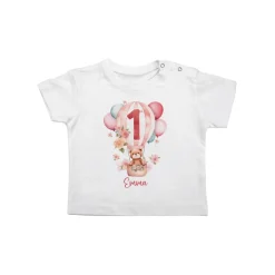 Geburtstagshirt Baby mit großer 1, Teddy im Heißluftballon, Blumen und Name