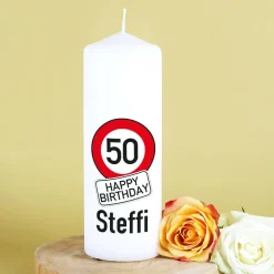Geburtstagskerze mit Achtung - Verkehrszeichen, Alter und Name