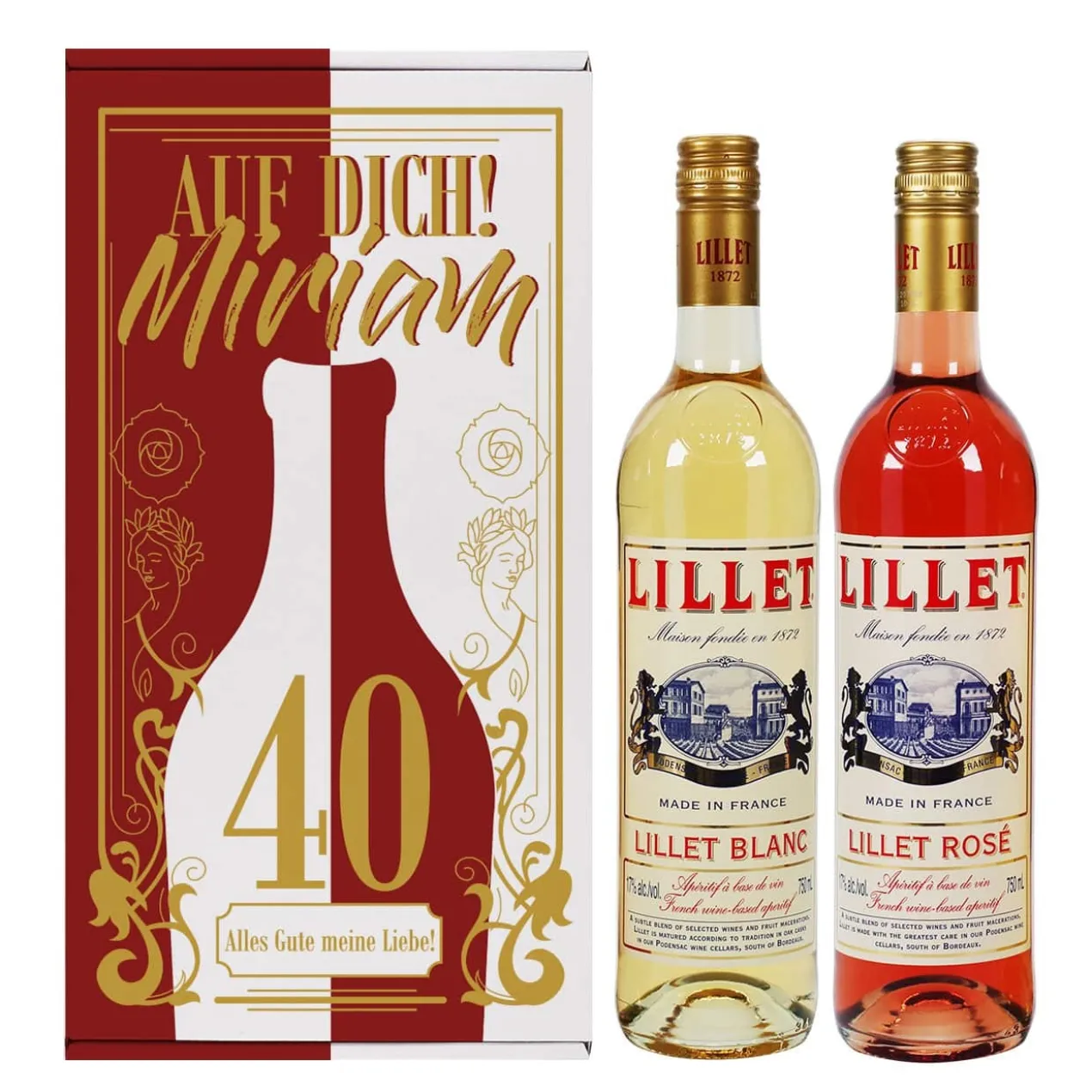 Geburtstagspräsent mit zwei Flaschen Lillet und einer persönlichen Geschenkverpackung