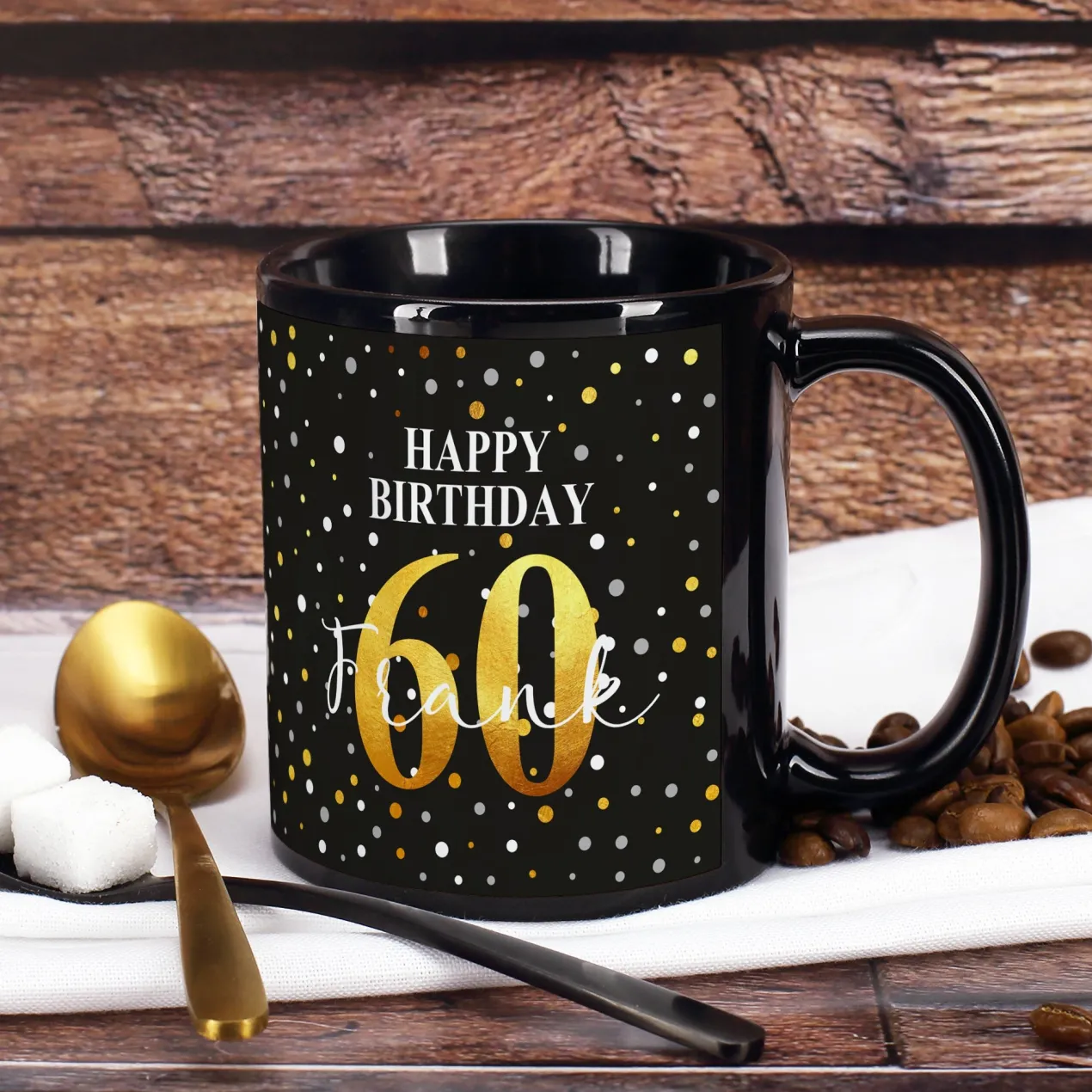 Geburtstagstasse "Happy Birthday" mit Name & Alter in Schwarz und Konfettidesign