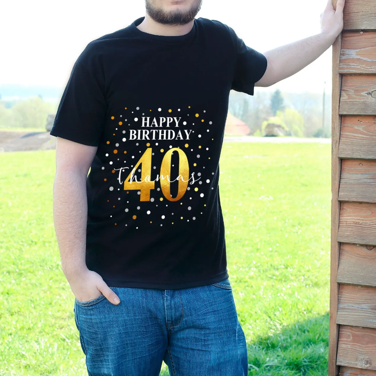 Geburtstags T-Shirt mit Konfetti-Design - personalisiert mit Name & Jahreszahl | Herren | Schwarz