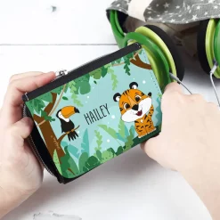 Geldbörse mit Tigermotiv, Tucan und Ihrem Wunschnamen bedruckt