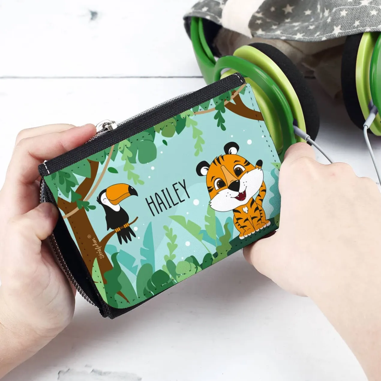 Geldbörse mit Tigermotiv, Tucan und Ihrem Wunschnamen bedruckt