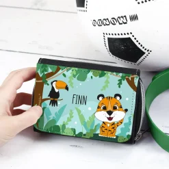 Geldbörse mit Tigermotiv, Tucan und Ihrem Wunschnamen bedruckt