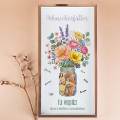Geldgeschenk Bilderrahmen als Wunscherfüller mit Blumen & Wunschtext | Kreatives Geschenk für Geld