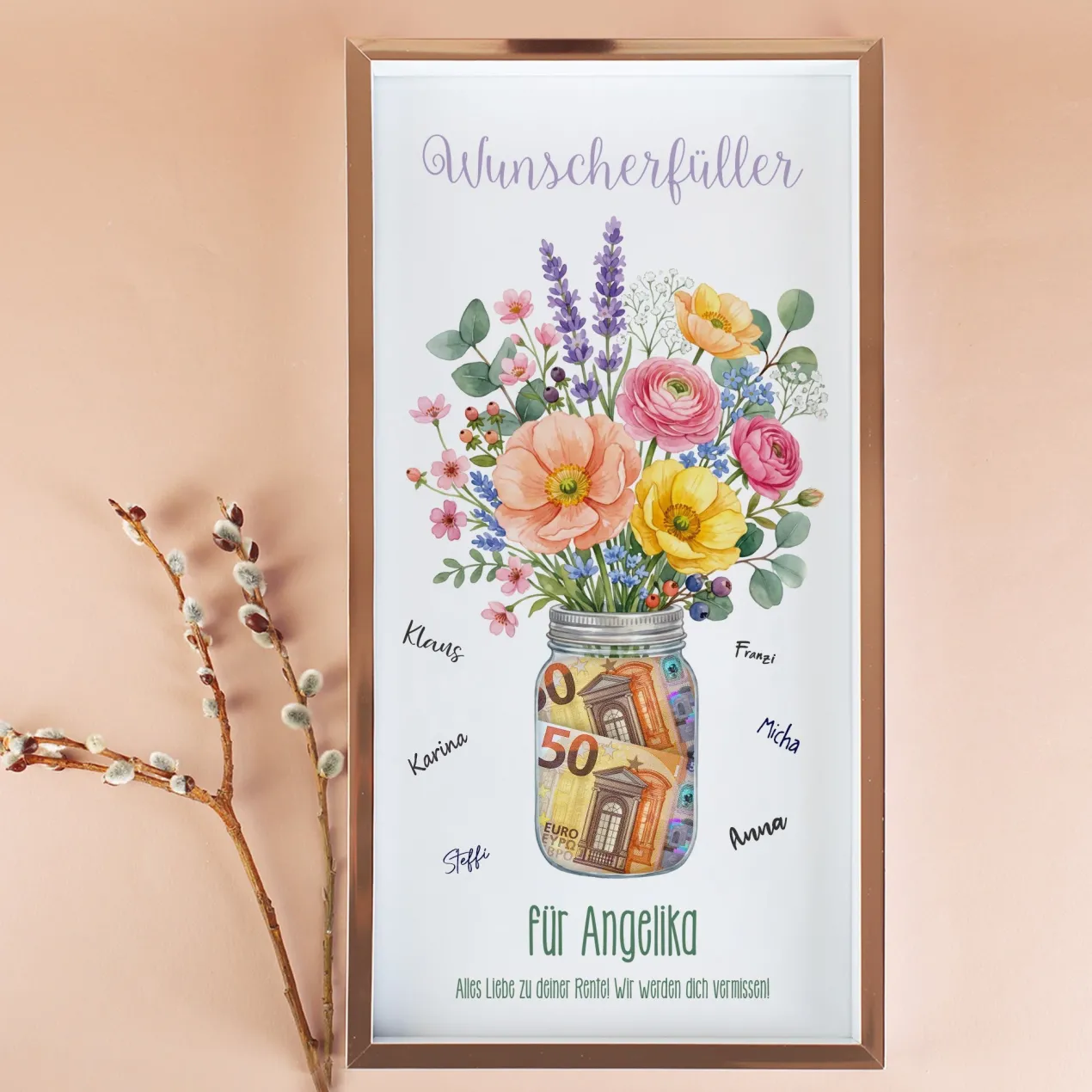 Geldgeschenk Bilderrahmen als Wunscherfüller mit Blumen & Wunschtext | Kreatives Geschenk für Geld