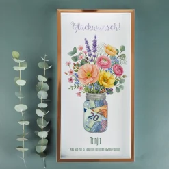 Geldgeschenk Bilderrahmen als Wunscherfüller mit Blumen & Wunschtext | Kreatives Geschenk für Geld