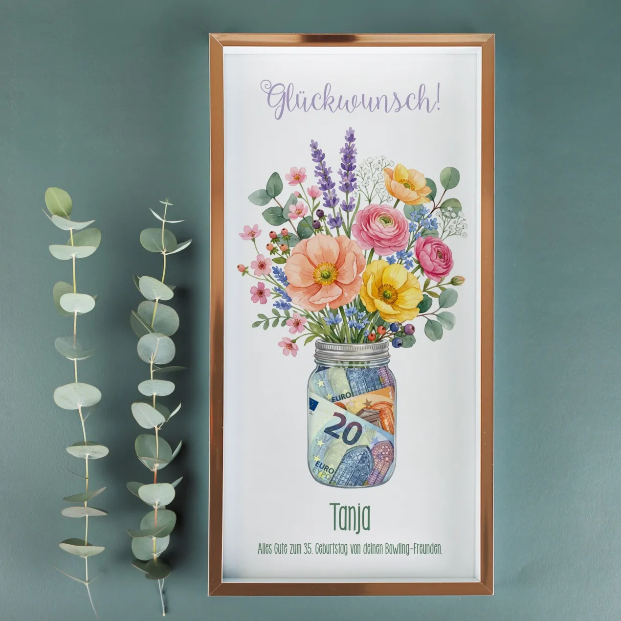 Geldgeschenk Bilderrahmen als Wunscherfüller mit Blumen & Wunschtext | Kreatives Geschenk für Geld
