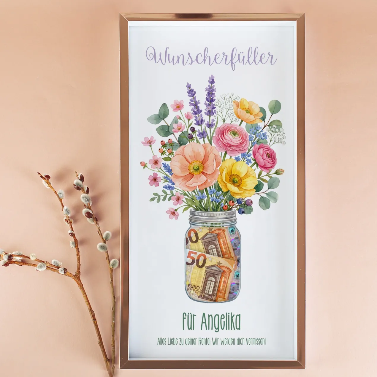 Geldgeschenk Bilderrahmen als Wunscherfüller mit Blumen & Wunschtext | Kreatives Geschenk für Geld