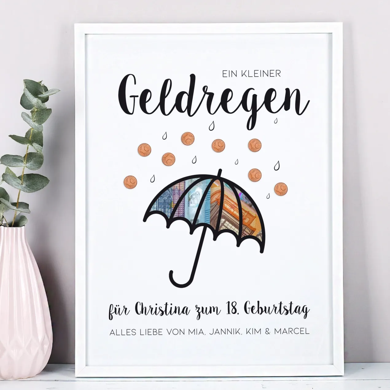 Geldgeschenk Bilderrahmen personalisierbar mit Text | Geldregen