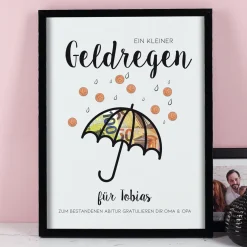 Geldgeschenk Bilderrahmen personalisierbar mit Text | Geldregen