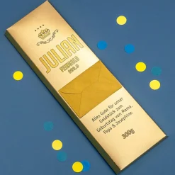 Geldgeschenk 300g Schokolade in Goldbarren-Optik mit Umschlag und Wunschtext
