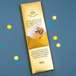 Geldgeschenk 300g Schokolade in Goldbarren-Optik mit Umschlag und Wunschtext