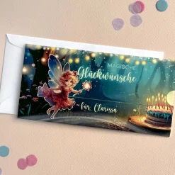 Geldgeschenk-Karte für magische Glückwünsche mit Fee & Wunschtext