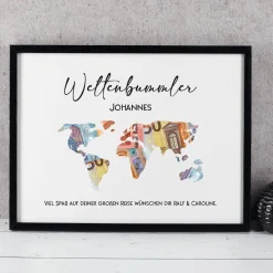 Geldgeschenk Weltkarte im Bilderrahmen für Geburtstag, Hochzeit oder Weltreise