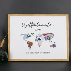 Geldgeschenk Weltkarte im Bilderrahmen für Geburtstag, Hochzeit oder Weltreise