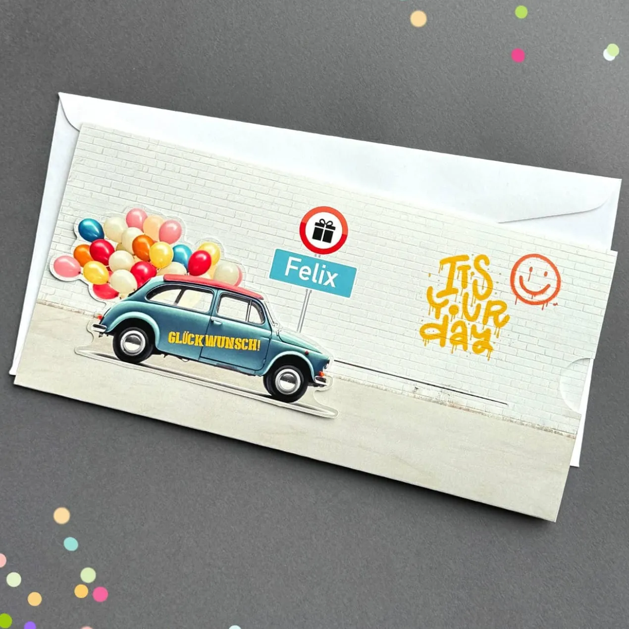 Geldgeschenk-Ziehkarte mit Auto & Luftballons