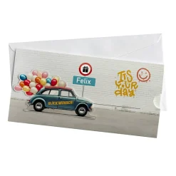 Geldgeschenk-Ziehkarte mit Auto & Luftballons