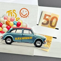 Geldgeschenk-Ziehkarte mit Auto & Luftballons
