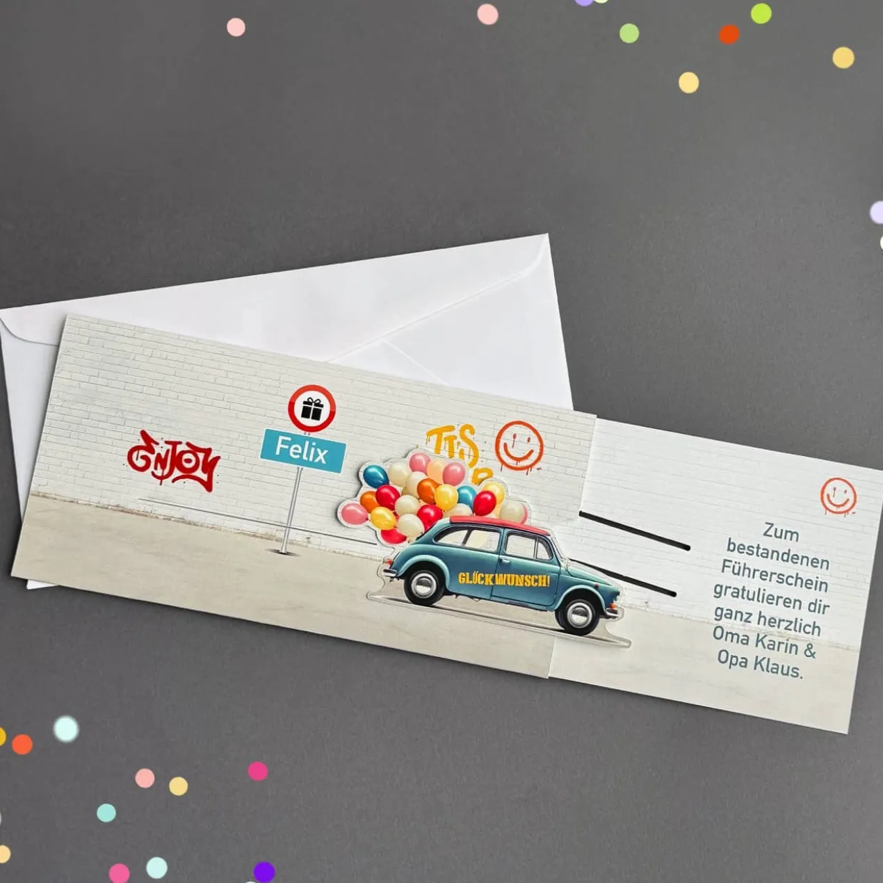 Geldgeschenk-Ziehkarte mit Auto & Luftballons