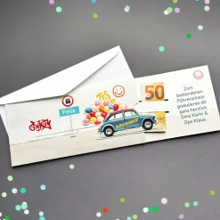Geldgeschenk-Ziehkarte mit Auto & Luftballons
