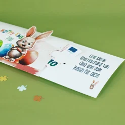 Geldgeschenk zu Ostern - Ziehkarte mit niedlichem Hasen und Ihrem Text
