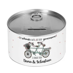 Geldgeschenk zur Hochzeit - Aufreißspardose mit Tandem, Namen und Datum