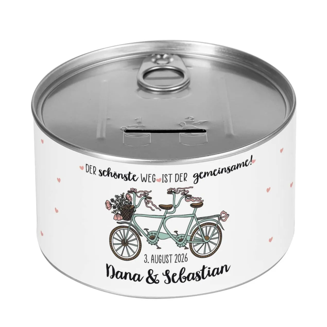 Geldgeschenk zur Hochzeit - Aufreißspardose mit Tandem, Namen und Datum