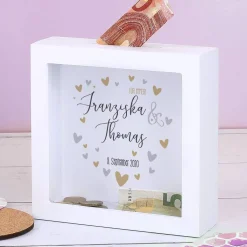 Geldgeschenk zur Hochzeit - Bilderrahmen Spardose mit Herzen, Namen und Datum
