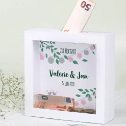 Geldgeschenk zur Hochzeit - Bilderrahmen Spardose mit Lampions, Namen und Datum