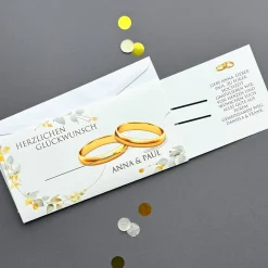 Geldgeschenk zur Hochzeit - Ziehkarte mit Ringen und Ihrem Text