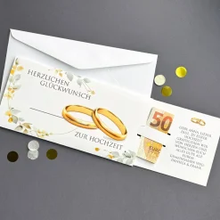 Geldgeschenk zur Hochzeit - Ziehkarte mit Ringen und Ihrem Text