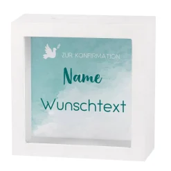 Geldgeschenk zur Konfirmation - Bilderrahmen-Spardose in türkis