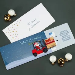 Geldgeschenk zu Weihnachten - Ziehkarte mit Gabelstapler & Wunschtext