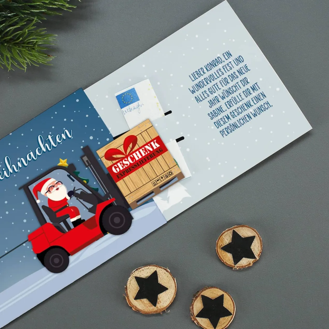 Geldgeschenk zu Weihnachten - Ziehkarte mit Gabelstapler & Wunschtext