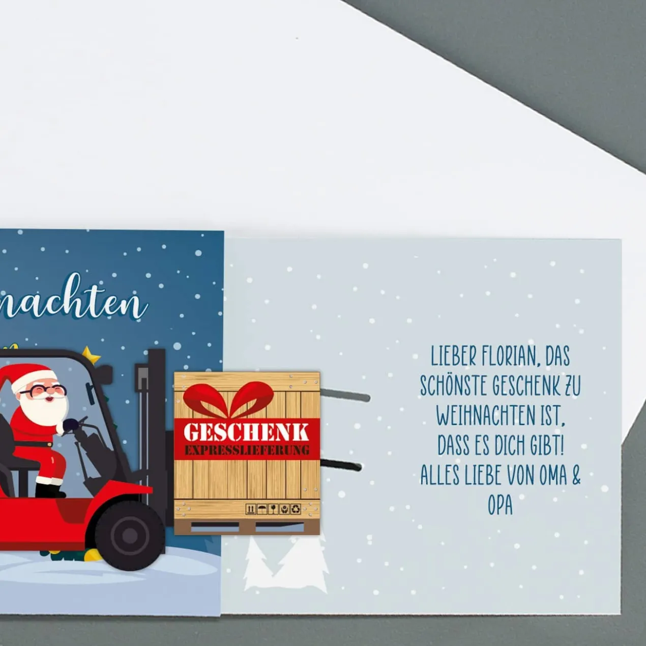 Geldgeschenk zu Weihnachten - Ziehkarte mit Gabelstapler & Wunschtext