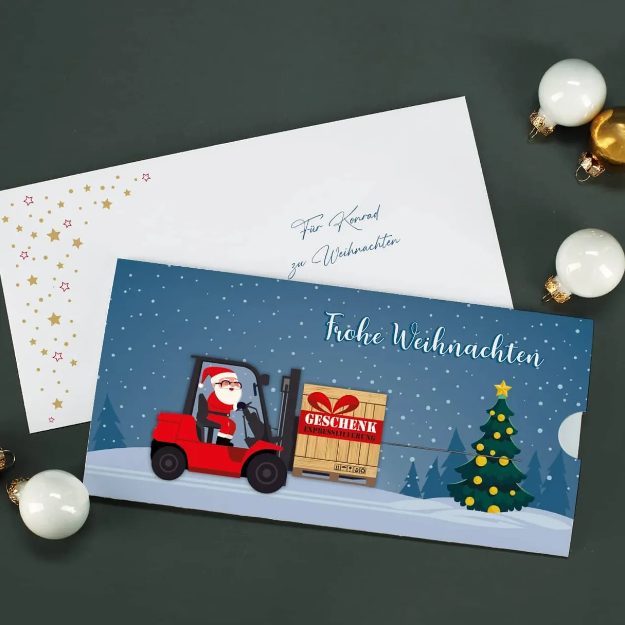 Geldgeschenk zu Weihnachten - Ziehkarte mit Gabelstapler & Wunschtext