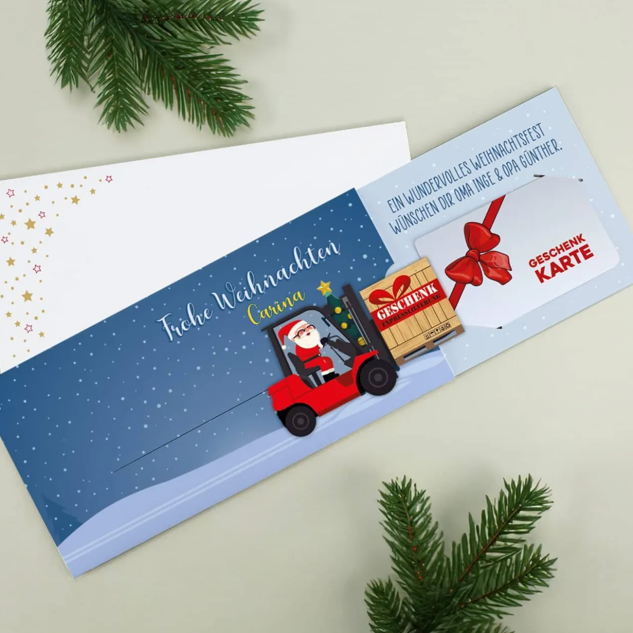 Geldgeschenk zu Weihnachten - Ziehkarte mit Gabelstapler & Wunschtext