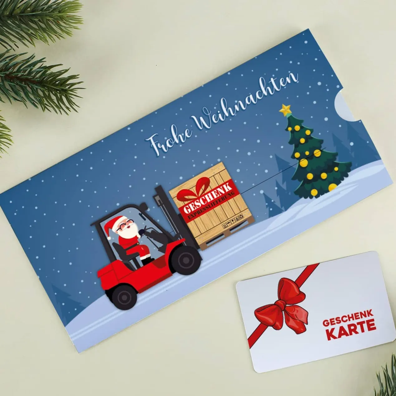 Geldgeschenk zu Weihnachten - Ziehkarte mit Gabelstapler & Wunschtext