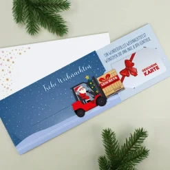 Geldgeschenk zu Weihnachten - Ziehkarte mit Gabelstapler & Wunschtext