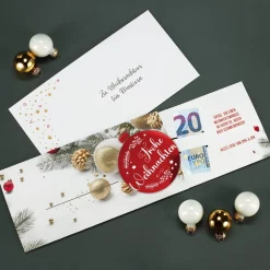 Geldgeschenk zu Weihnachten - Ziehkarte mit Weihnachtskugel in rot-metallic