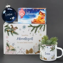 Gemütliche Weihnachten - Geschenkset mit Christbaumkugel, Tee, Emailletasse und Geschenkbox