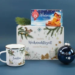 Gemütliche Weihnachten - Geschenkset mit Christbaumkugel, Tee, Emailletasse und Geschenkbox