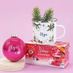 Gemütliche Weihnachten - Geschenkset mit Christbaumkugel, Tee, Emailletasse und Geschenkbox