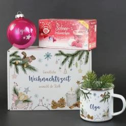 Gemütliche Weihnachten - Geschenkset mit Christbaumkugel, Tee, Emailletasse und Geschenkbox